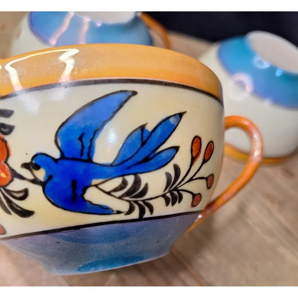 Vintage Japanese Lusterware Teacups Set of‎ 3 Blue Bird Floral Porcelain Japan